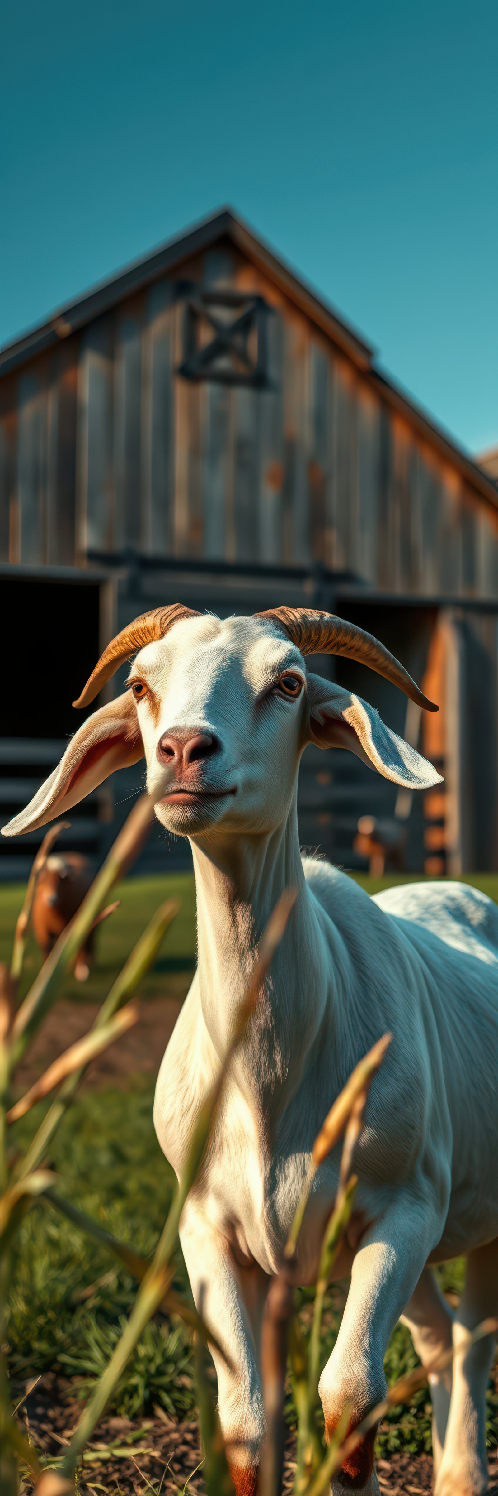 A white goat stands in a field with a barn in the background